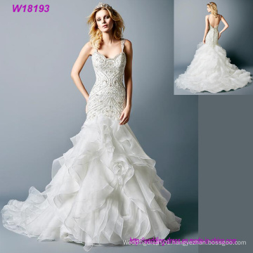 Mermaid Wedding Dress Beading up Feather Ruffles Organza Full Ruffles Bride Wedding Dress 2017